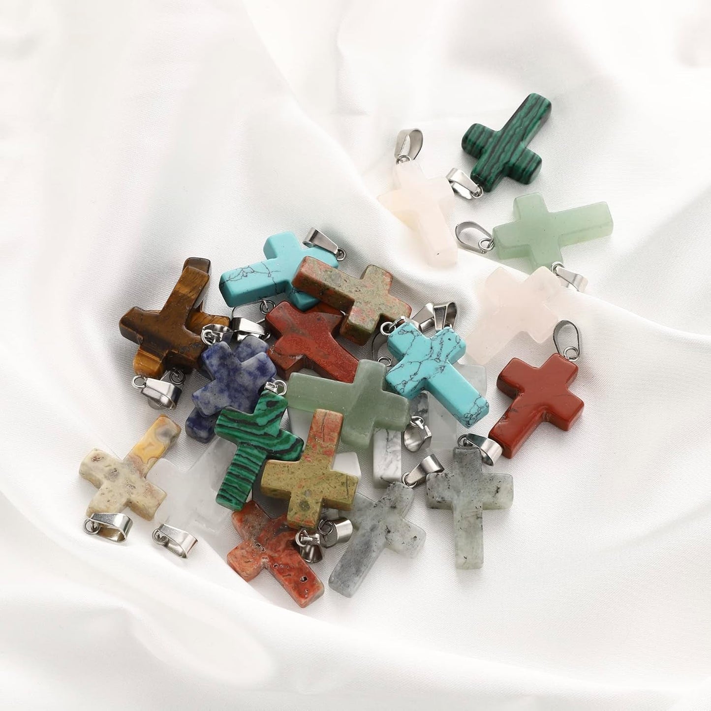 24 Pieces Healing Crystal Heart Moon Cross Shaped Pendants Necklace Charms for DIY Jewelry Making Natural Quartz Stones Chakra Love Beads Bulk