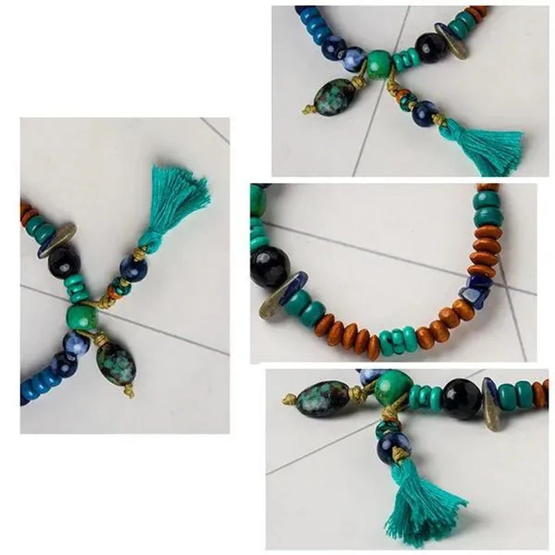 Ethnic Bohemian Tassel Handmade Beaded Bracelet Vintage Natural Gemstone Lapis & Turquoise & Obsidian & Wooden Bead Bangle Bracelets for Women and Men Couple Exquisite Wedding Engagement Christmas Jewelry Gift