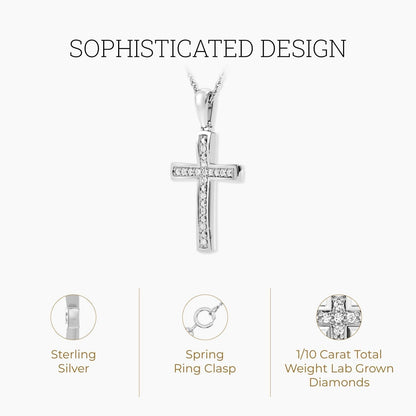 1/10 Ct. T.W. Lab Grown Diamond (SI1 Clarity, F Color) and Sterling Silver Cross Pendant with an 18 Inch Spring Ring Clasp Cable Chain - WORLD TIME VISITS