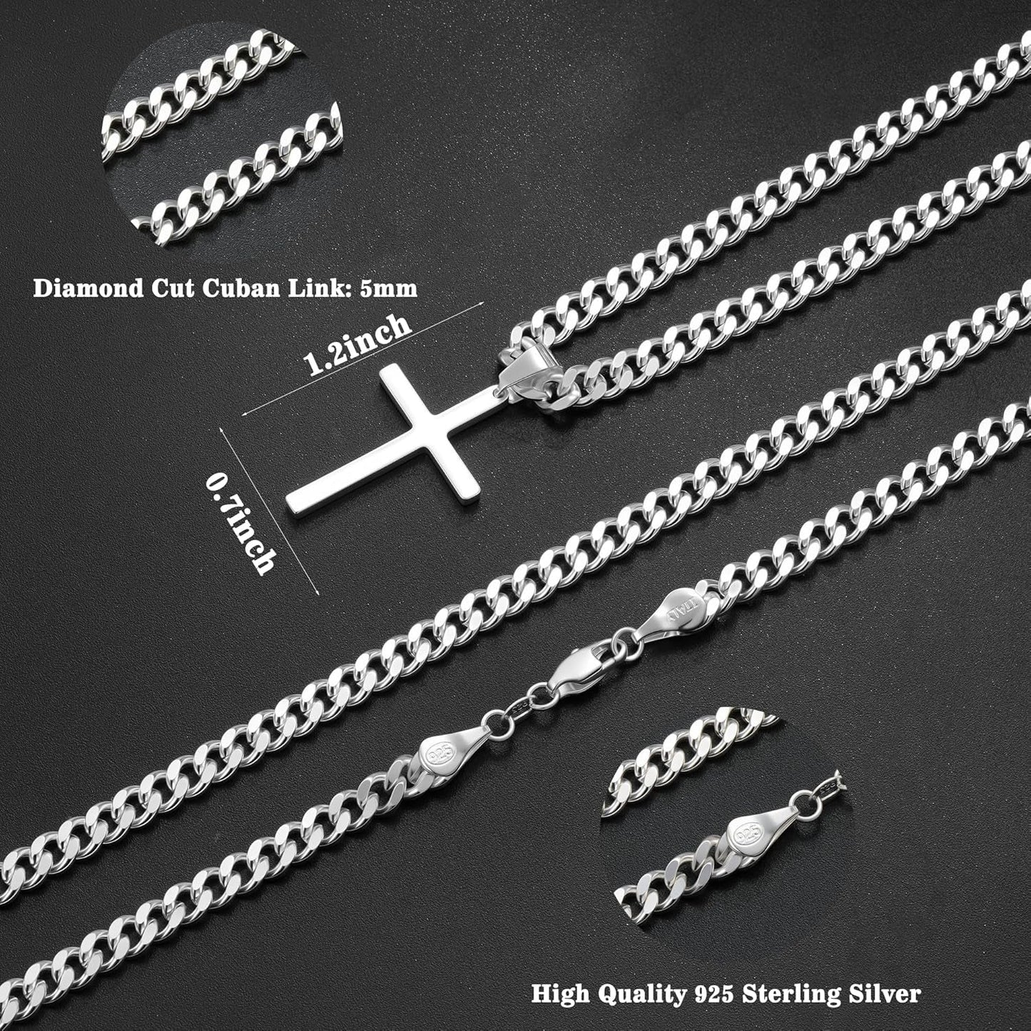 925 Sterling Silver Cross Necklace for Men, 5Mm Italian Diamond Cut Cuban Link Curb Chain Cross Necklace for Men Jewelry 16 18 20 22 Inch