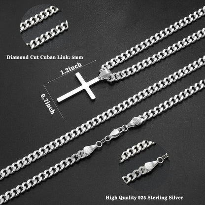 925 Sterling Silver Cross Necklace for Men, 5Mm Italian Diamond Cut Cuban Link Curb Chain Cross Necklace for Men Jewelry 16 18 20 22 Inch