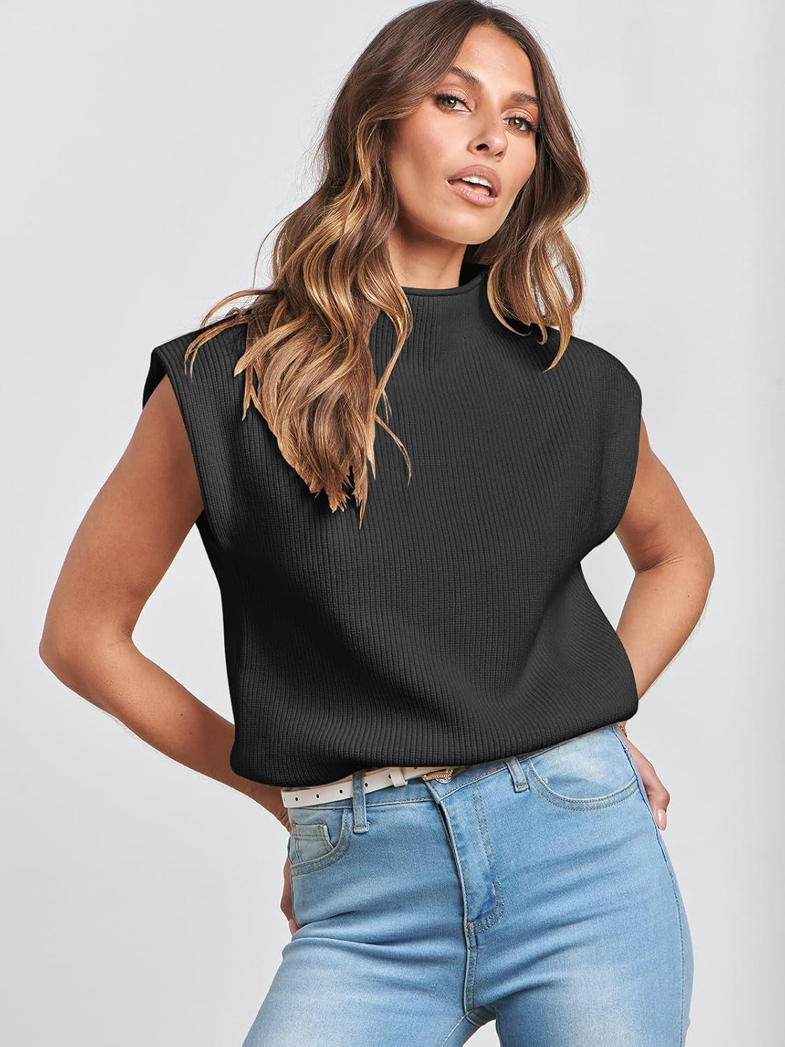 Women'S Mock Neck Sleeveless Sweater Vest Casual Cap Sleeve Knit Pullover Tank Tops 2025 Spring Summer Clothes