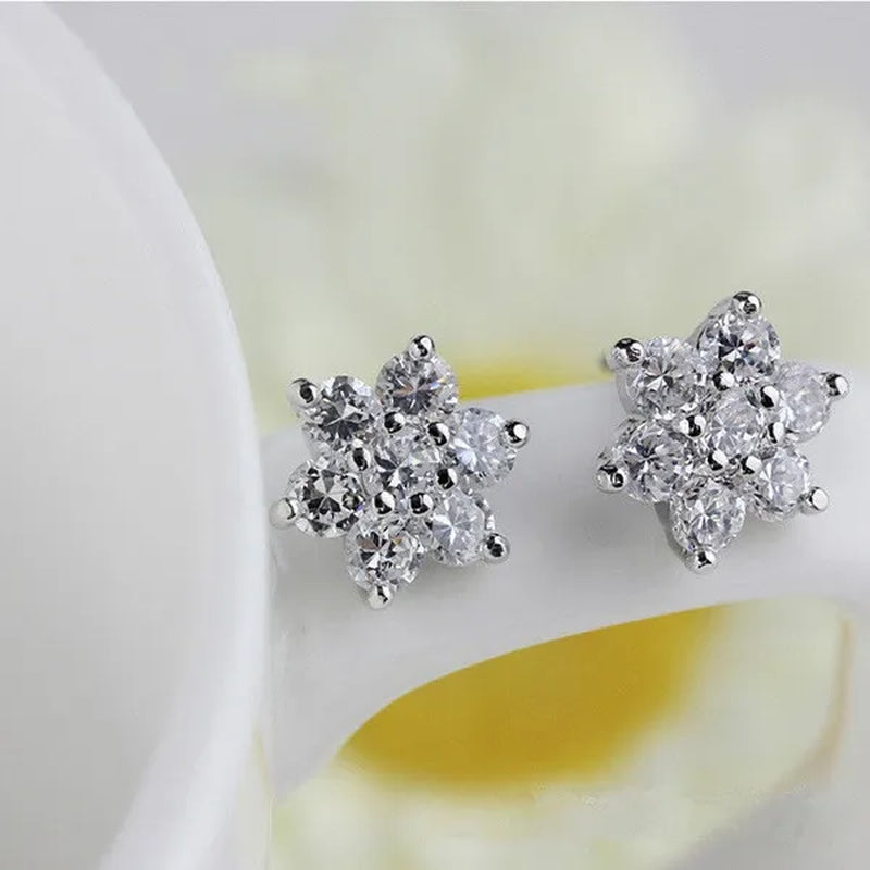 Princess Silver Cute Snowflake CZ Diamond Earrings Stud Earrings for Women