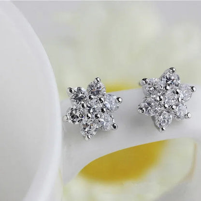Princess Silver Cute Snowflake CZ Diamond Earrings Stud Earrings for Women