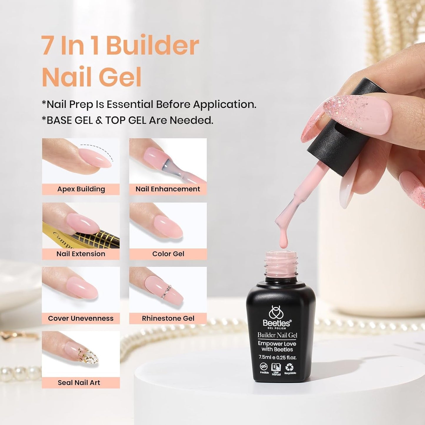 Beetles Builder Gel for Nails 12 Color Clear Nude Pink Brown Builder Gel Nail Kit 8-In-1 Gel Builder in a Bottle Nails Extension Strengthener Gel for Thin and Damaged Nails