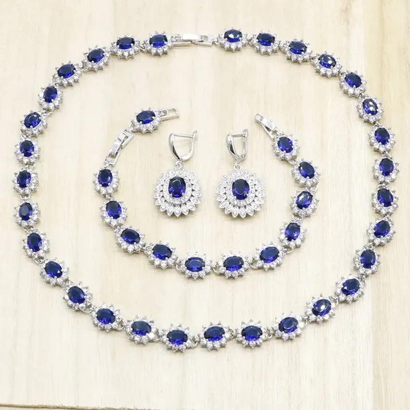 925 Silver Jewelry Sets for Women Flower Shape Royal Blue Semi-Precious Necklace Earrings Bracelet Party Wedding Bridal Jewelry