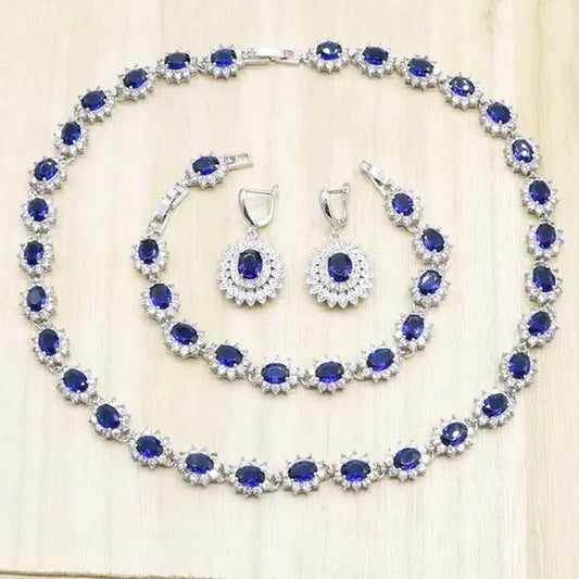 925 Silver Jewelry Sets for Women Flower Shape Royal Blue Semi-Precious Necklace Earrings Bracelet Party Wedding Bridal Jewelry