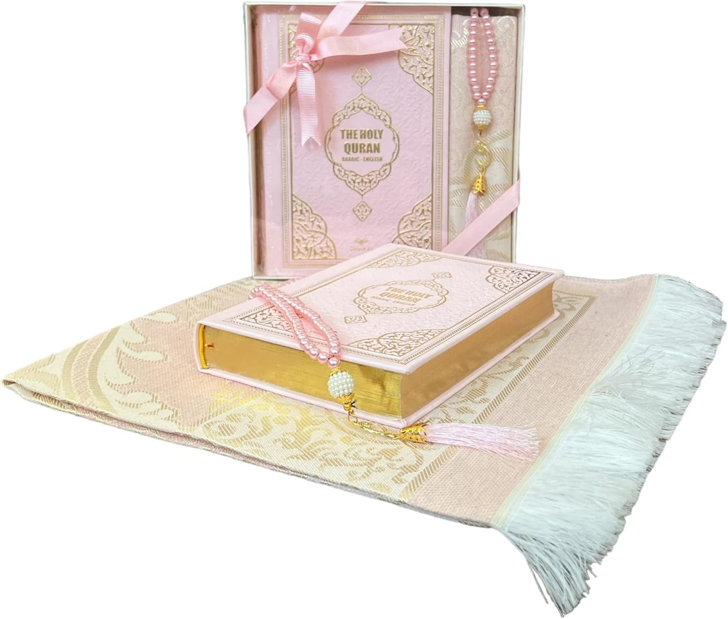 English Translate Thermo Leather Covered Quran, Tafta Prayer Mat and Beads Set |Quran Size:8X5.5X1.2 İnch/20X14X3Cm | Muslim Prayer Mat | Great Ramadan Gifts for Muslim Men,Women (Pink, 1 Sets)