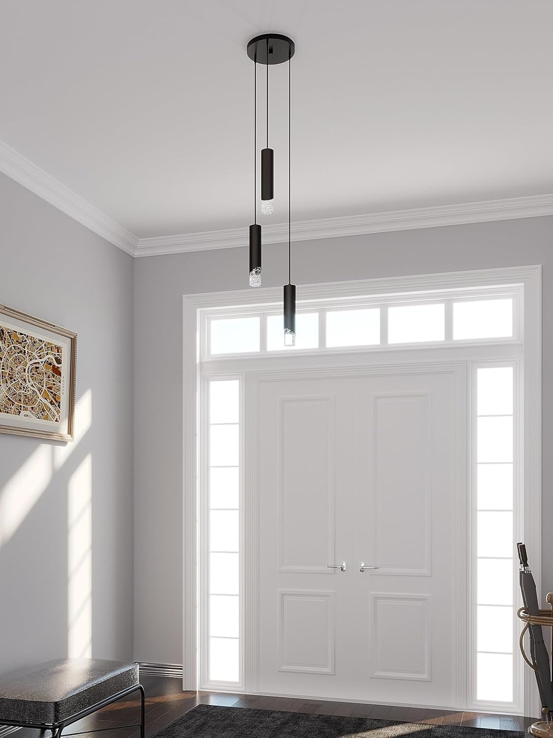 Modern Pendant Lights, 3-Lights Crystal Pendant Lighting for Kitchen Island, Dimmable Hanging Light Fixture with Adjustable Height for Kitchen, Dining Room, Bedroom (3-Lights, Black)