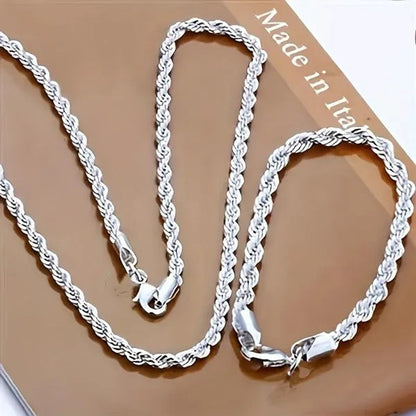 Fashion and Exquisite Men and Women 925 Silver Solid Silver 4Mm Rope Chain Necklace Bracelet (Necklace + Bracelet)