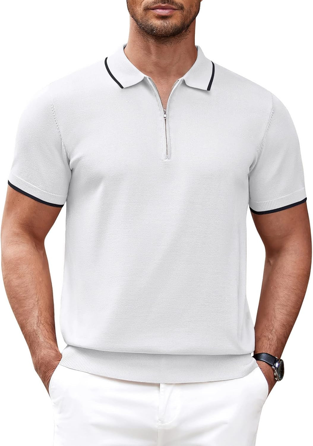 Men'S Zipper Polo Shirt Casual Knit Short Sleeve Polo T Shirt Classic Fit Shirts