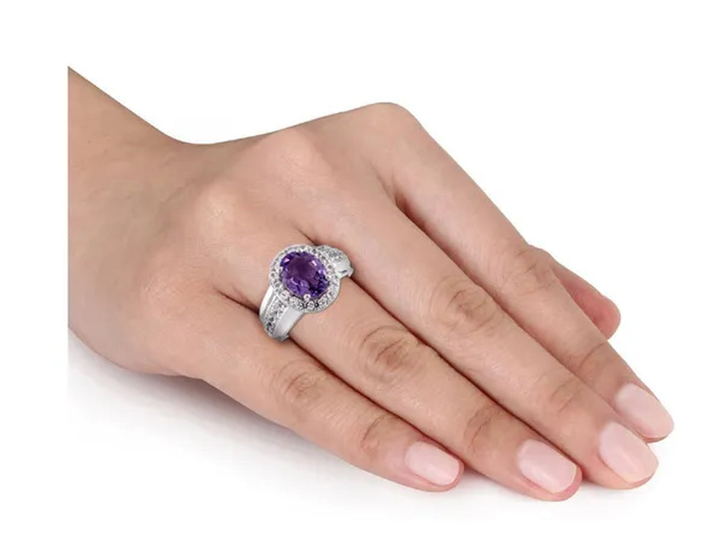 2.20 Carat (Ctw) Amethyst Ring with Lab Created White Sapphires in Sterling Silver