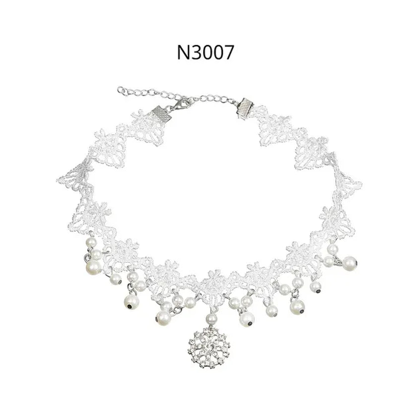 White Lace Necklace Chokers Black Collares Vintage Style Female Gothic Wedding Red Rose Crystal Diamond Pendant Collarbone Necklaces Chain Accessories for Women Girls