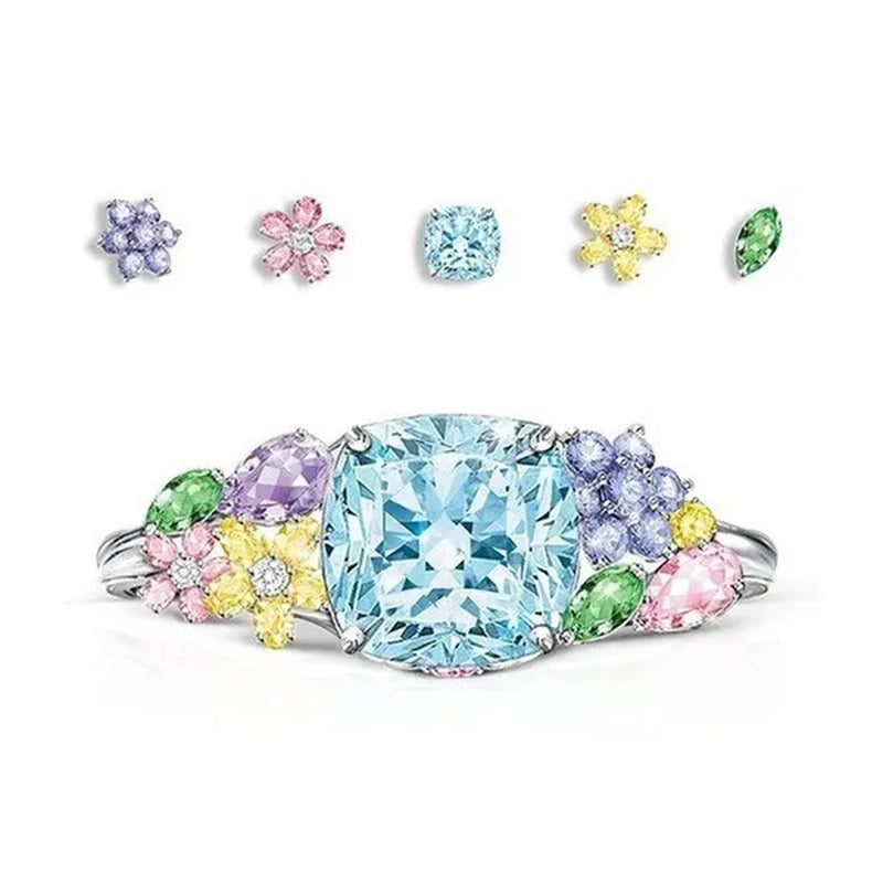 Unique Flower Silver Multicolor Gemstone Aquamarine Square Princess Ring Woman Engagement Ring Anniversary Statement Natural Gemstones Pink Sapphire Ring