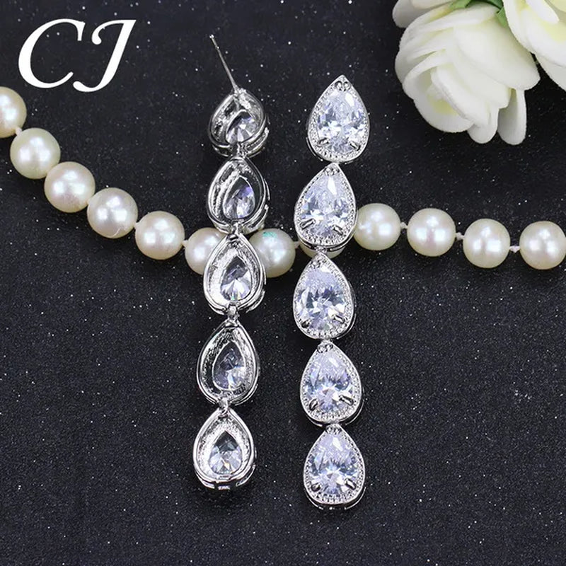 Candice High Quality Long Dangling Earrings Connect 5 Pcs Water Drop AAA CZ Zirconia White Gold Plated Luxury Wedding Ear Jewelry for Bridal Accessorise