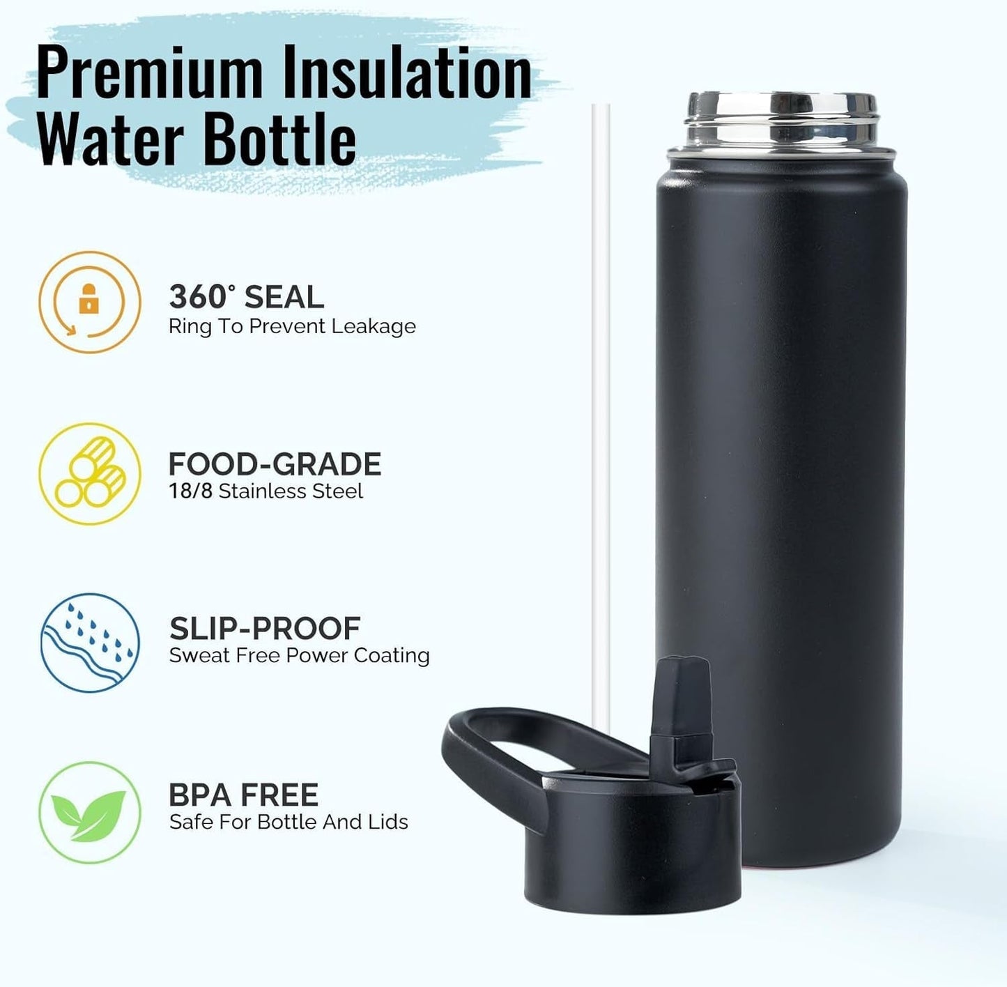 Stainless Steel Water Bottle with Straw & Wide Mouth Lid, Wide Rotating Handle, 24Oz Double Wall Vacuum Insulated Water Bottle Leak Proof, BPA Free, Keep Cold and Hot, 24Oz, Black