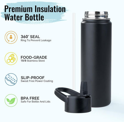 Stainless Steel Water Bottle with Straw & Wide Mouth Lid, Wide Rotating Handle, 24Oz Double Wall Vacuum Insulated Water Bottle Leak Proof, BPA Free, Keep Cold and Hot, 24Oz, Black
