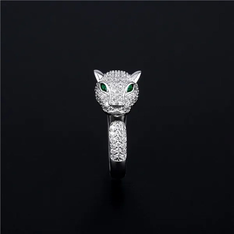 Personality 925 Sterling Silver Plated Jaguar Rings with Green Rhinestone Eyes Animal Fashion Costume Rings for Men and Women