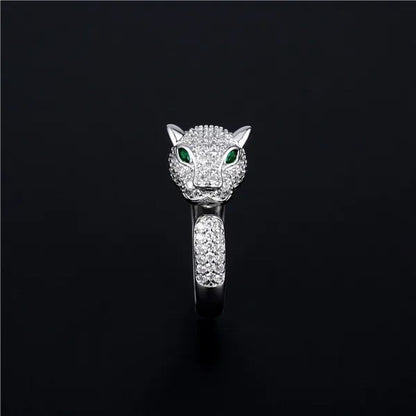 Personality 925 Sterling Silver Plated Jaguar Rings with Green Rhinestone Eyes Animal Fashion Costume Rings for Men and Women