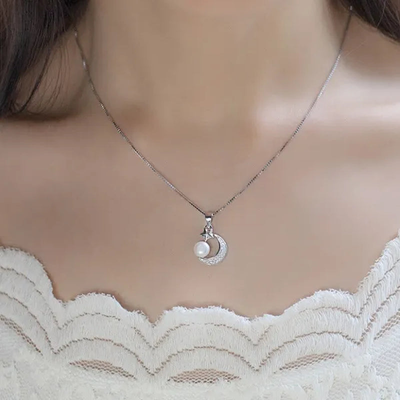 woman fashion Jewellery Elegant temperament   pearl Pendant  Gold-plated Stars and Moons Zircon AAA Necklace