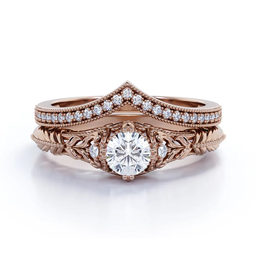 Engraved .68 Carat round Cut Real Diamond Victorian-Inspired Wedding Ring Set with Chevron Wedding Band in 10K Rose Gold