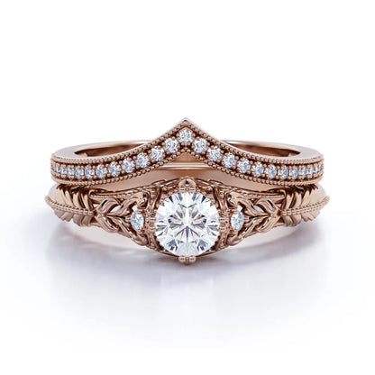 Engraved .68 Carat round Cut Real Diamond Victorian-Inspired Wedding Ring Set with Chevron Wedding Band in 10K Rose Gold