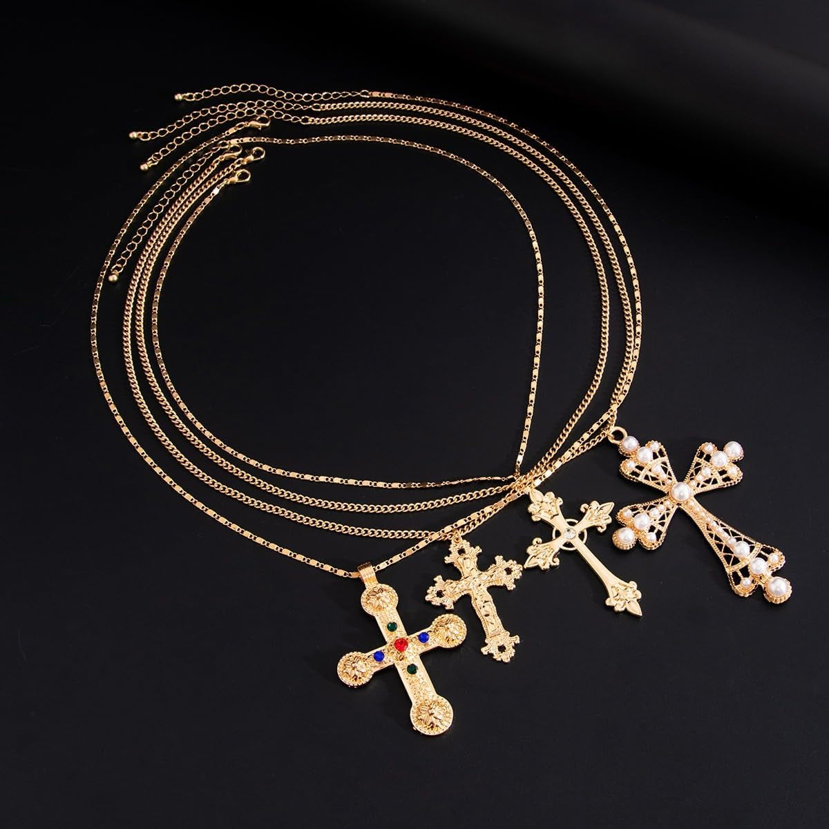 Cross Pendant Necklace Set for Women Punk Grunge Imitation Pearl Cross Layered Chain Necklace Statement Y2K Jewelry