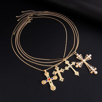 Cross Pendant Necklace Set for Women Punk Grunge Imitation Pearl Cross Layered Chain Necklace Statement Y2K Jewelry
