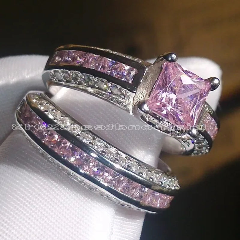 2Pcs/Set 925 Silver Plated Pink Purple White Sapphire CZ Wedding Set Rings Size 6-11  (Choice Color and Size )