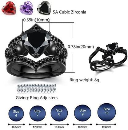 Gothic Skull Black Rings Set Women Rose Flower Red Purple Heart Love Zircon Crystal Christmas Anniversary Jewelry