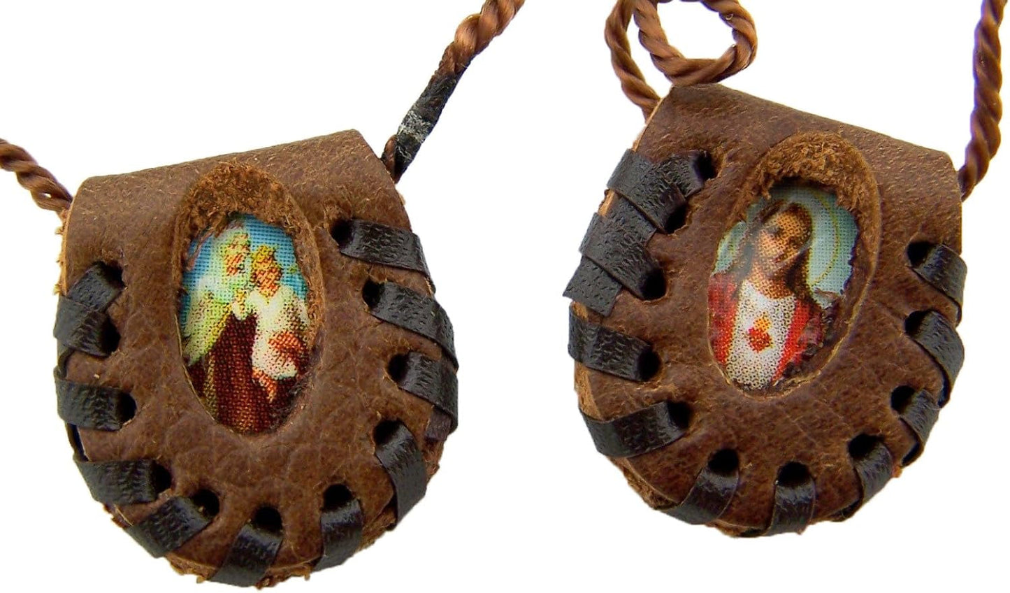 Sacred Heart Jesus Christ with Our Lady Mount Carmel Leather 12 Inch Cord Scapular Necklace