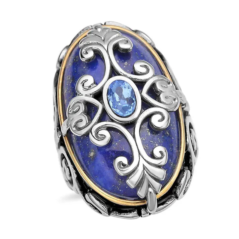 Shop LC Lapis Lazuli Cocktail Statement Ring ION Plated Yellow Gold Floral Blue Crystal Stainless Steel Gifts for Women