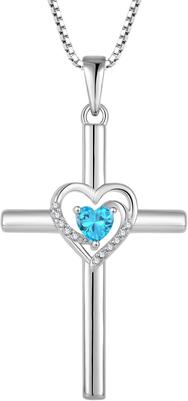 Cross Necklace for Women 925 Sterling Silver Heart Birthstone Pendant Necklace Crucifix Religious Gemstone Jewelry Gift for Women Her Mom Wife Daughter - WORLD TIME VISITS