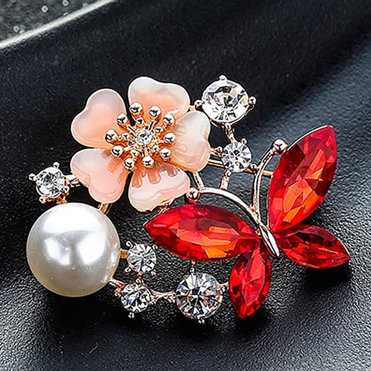 Women Faux Quartz Butterfly Flower Imitation Pearl Brooch Pin Lapel Clip Decoration Festival Birthday Gift- Rose Gold Festival Birthday Gift- Red