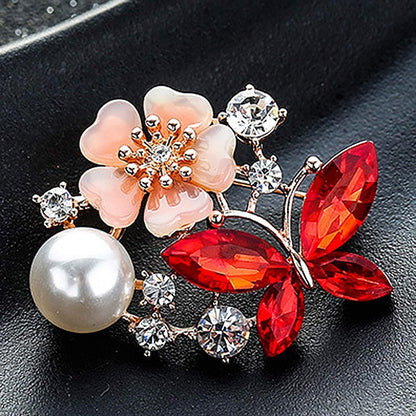 Women Faux Quartz Butterfly Flower Imitation Pearl Brooch Pin Lapel Clip Decoration Festival Birthday Gift- Rose Gold Festival Birthday Gift- Blue