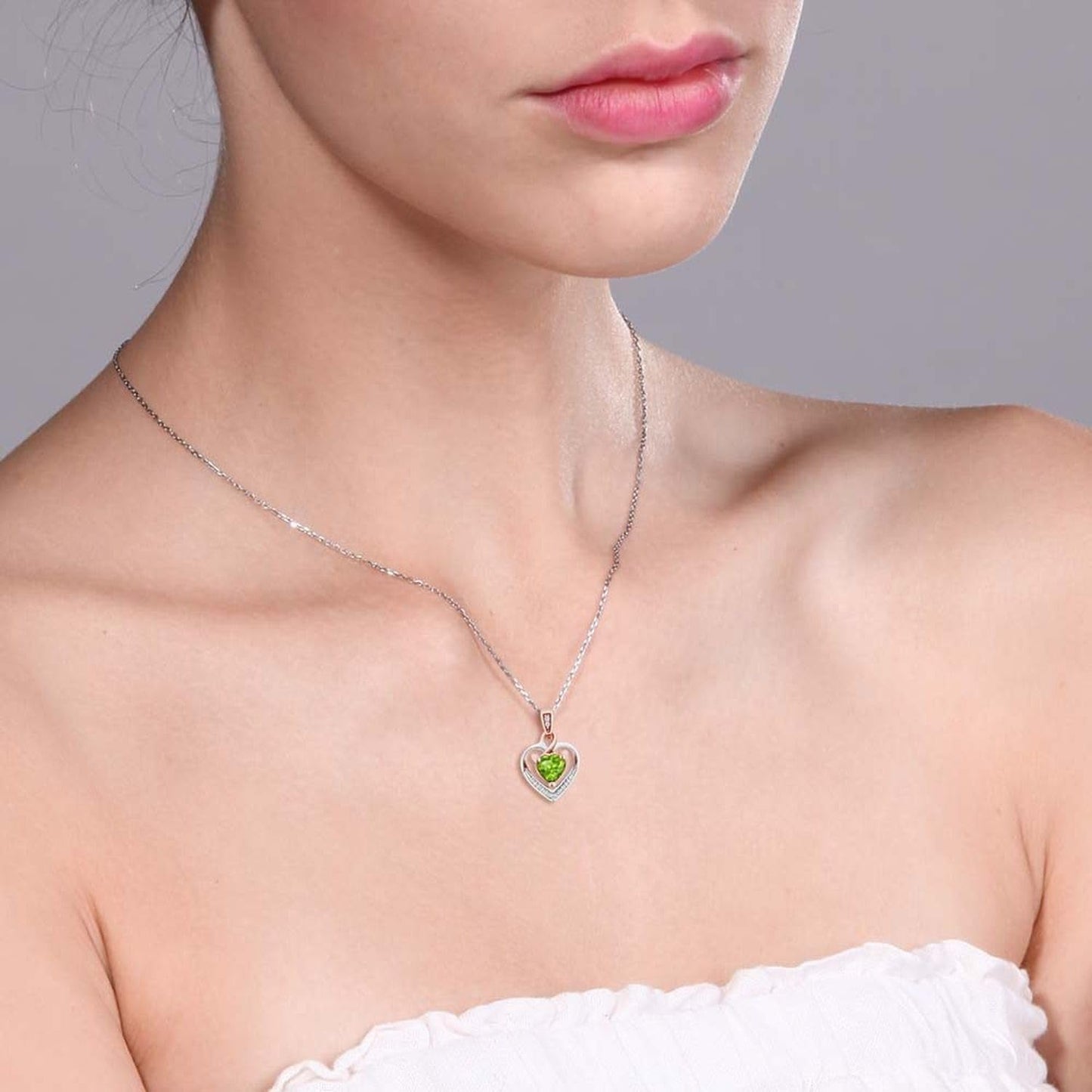 10K White and Rose Gold 5MM Peridot and Diamond Heart Shape Pendant Necklace for Women (0.50 Cttw, Gemstone Birthstone, with 18 Inch Chain)