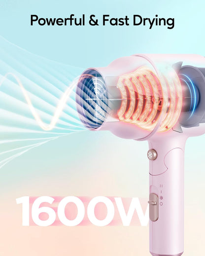 Blow Dryer with Diffuser, Mini Hair Dryer with Folding Handle, 1600W Quiet Lightweight Hairdryer with Diffuser Compact Design, Pinky White