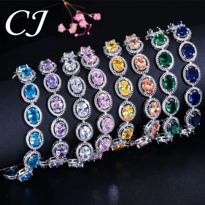 CANDICE Luxury Quality Oval Blue Crystal Women Strand Bracelet Bangles Setting Stylish Silver Plating CZ Hand Jewelry for Lady Anniversary Birthday Gifts