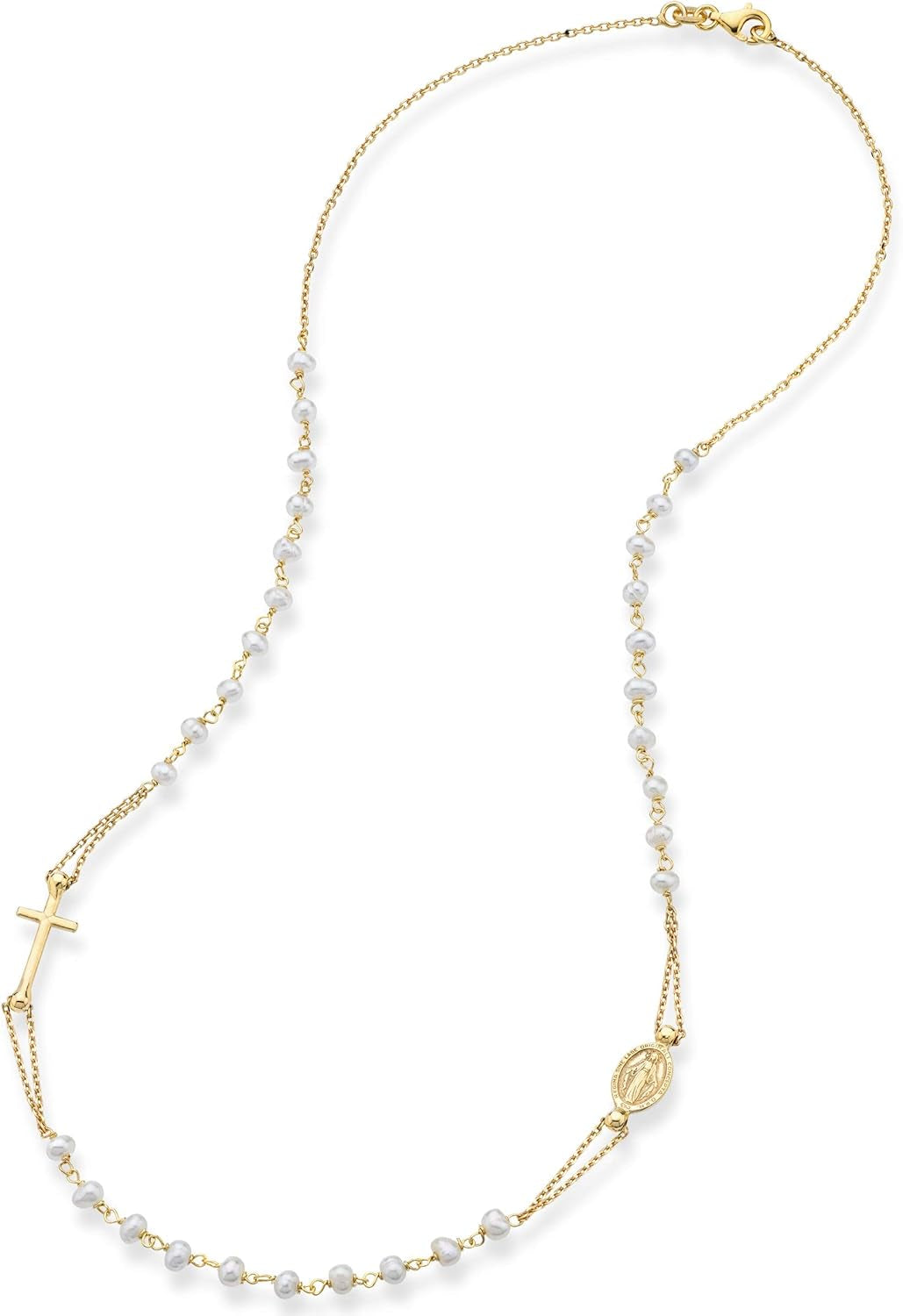 18K Gold over 925 Sterling Silver Handmade Italian White Freshwater Pearl Ball Beaded Sideways Rosary Cross Necklace for Women, Made in Italy