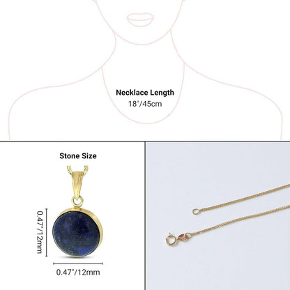 14K Gold Lapis Lazuli Pendant - Solid Yellow Gold Blue Lapis Gemstone Necklace, December Birthstone 12Mm round Stone, Handmade Classic Minimalistic Jewelry Birthday Gift for Women