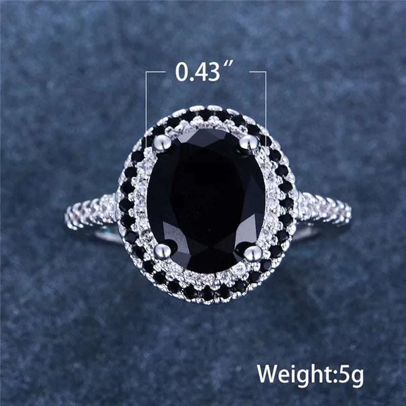 Luxury Oval Cut Black Sapphire White Diamond CZ Ring 925 Silver Solitaire Ring Engagement Wedding Gift for Women