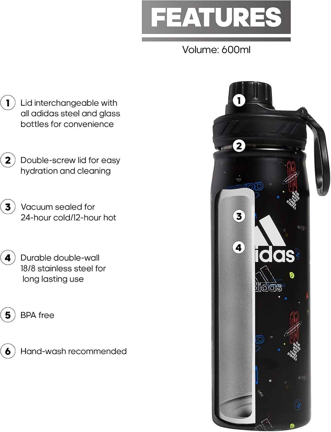 600 ML (20 Oz) Metal Water Bottle, Hot/Cold Double-Walled Insulated 18/8 Stainless Steel