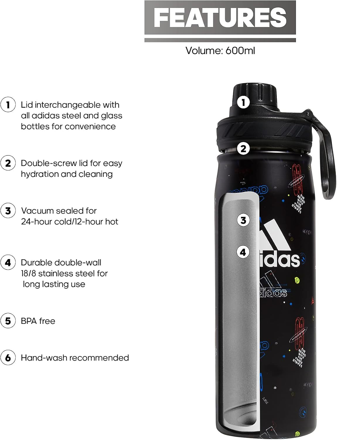 600 ML (20 Oz) Metal Water Bottle, Hot/Cold Double-Walled Insulated 18/8 Stainless Steel - WORLD TIME VISITS