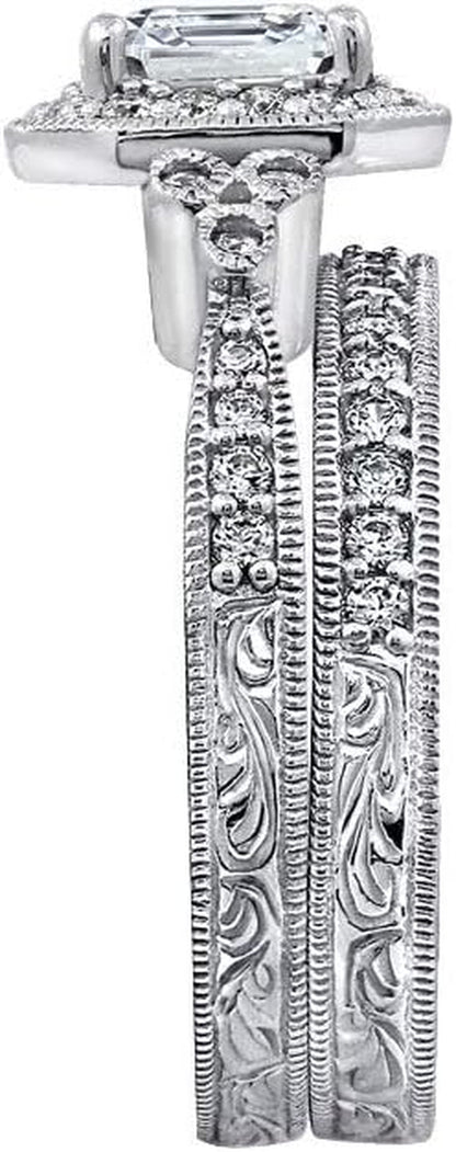 Platinum or Gold Plated Sterling Silver Antique Ring Set with Asscher-Cut Infinite Elements Cubic Zirconia (Previously Amazon Collection) - WORLD TIME VISITS
