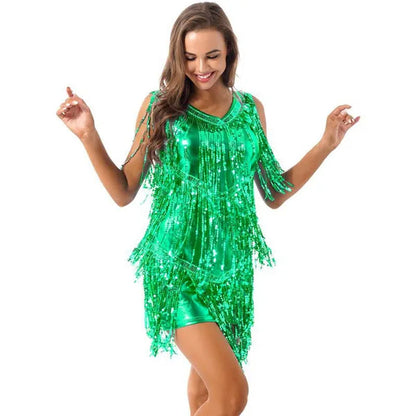 Womens V Neck Sleeveless Sparkling Sequin Tassels Ballroom Samba Tango Latin Dance Dress Stage Performance Costumes