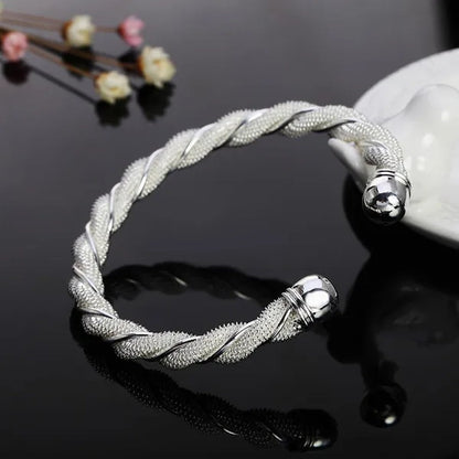 Fashion 925 Sterling Silver Cable Wire Twisted Cuff Bangle Bracelets Set for Women