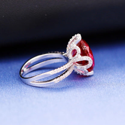 Female Unique Beautiful Red Flower Engagement Wedding Ring - Charm Created Garnet Diamond Jewelry for Women (Size 6 7 8 9 10) RJ212