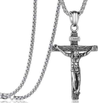 Jesus Christ on INRI Crucifix Cross Pendant Necklace for Teens Womens Mens with 24 Inch Stainless Steel Chain - WORLD TIME VISITS