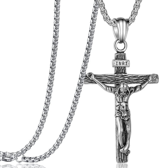 Jesus Christ on INRI Crucifix Cross Pendant Necklace for Teens Womens Mens with 24 Inch Stainless Steel Chain - WORLD TIME VISITS
