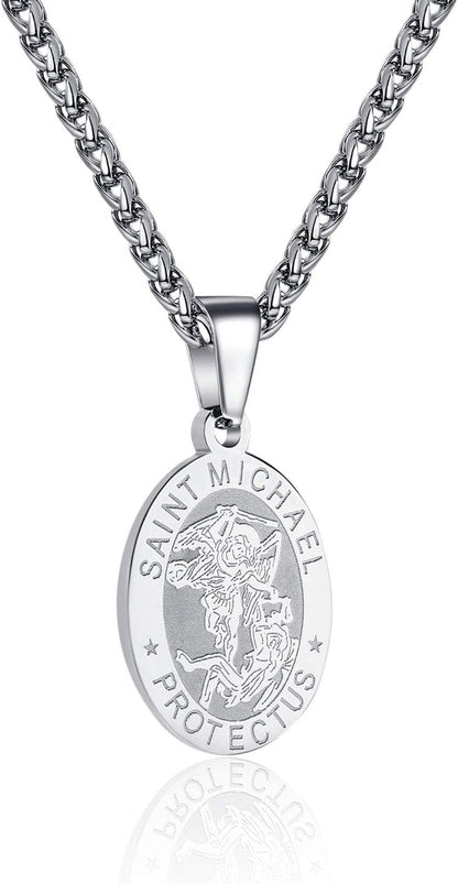 Saint Christopher/Michael/Anthony/Jude/Joseph Medal Necklace for Men Women，Stainless Steel Oval Saint Patron Medal Religious Catholic Amulet Gifts